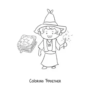 Coloring page of a sorcerer with a wand and a spell book