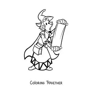 Coloring page of a cartoon sorcerer reading a scroll