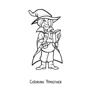 Coloring page of a dark sorcerer reading a book