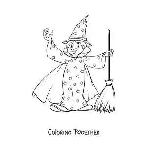 Coloring page of a sorcerer with a cape and a broom