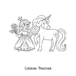 Coloring page of a kawaii princess with a unicorn