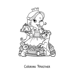 Coloring page of a kawaii princess with dessert and pets