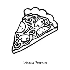 Coloring page of a pizza slice with mushrooms and olives