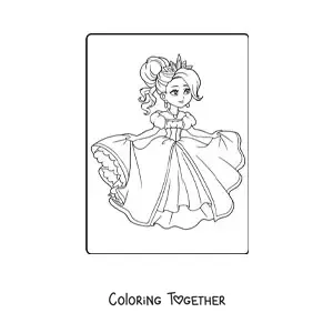Coloring page of a princess girl with a beautiful dress
