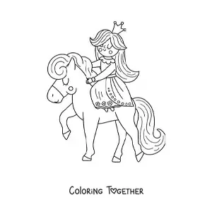 Coloring page of a kawaii princess on a pony