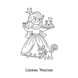 Coloring page of a kawaii princess with a pet and a prince turned into a frog