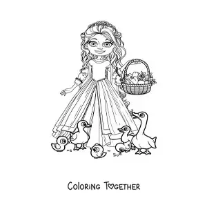 Coloring page of a cartoon princess with a fruit basket feeding ducks