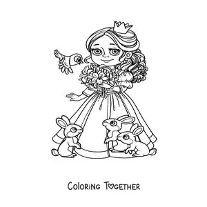 Coloring page of a kawaii princess with pets and flowers