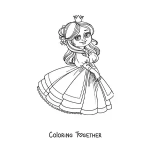 Coloring page of a cute cartoon princess with gloves