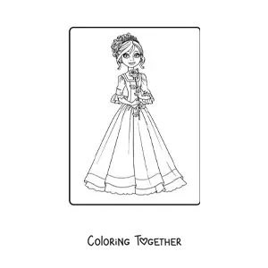 Coloring page of an elegant princess with a rose