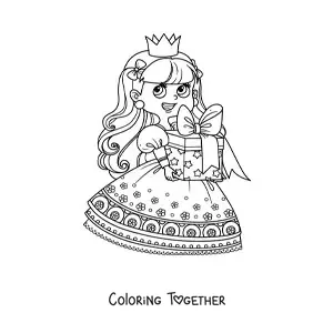 Coloring page of a kawaii princess with a gift
