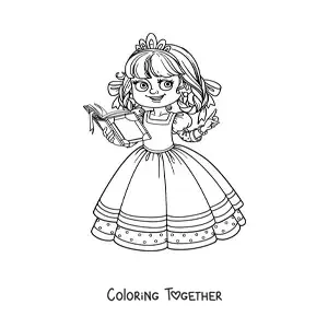 Coloring page of a kawaii princess reading a book