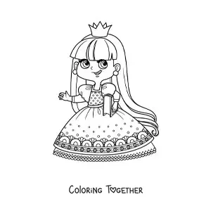Coloring page of a kawaii princess with a book