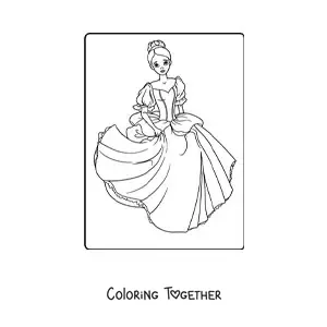 Coloring page of a sad princess in a beautiful dress