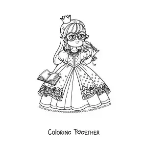 Coloring page of a kawaii intellectual princess with glasses and a book