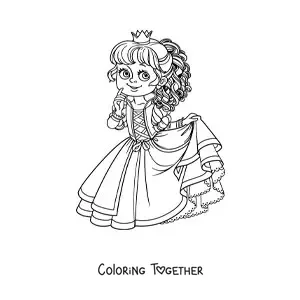 Coloring page of a kawaii princess holding her dress