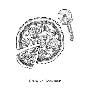 Coloring page of a pizza next to a pizza cutter