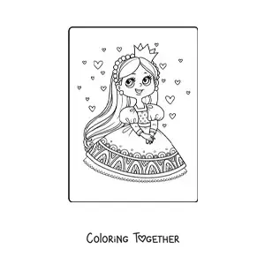 Coloring page of a kawaii princess with hearts