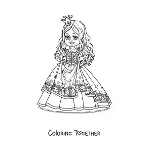 Coloring page of a kawaii princess holding her beautiful dress