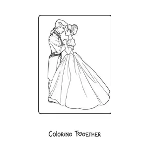 Coloring page of a princess dancing with the prince