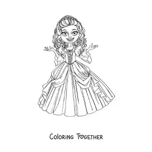 Coloring page of a cartoon princess in a pretty dress