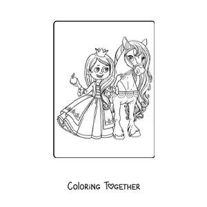 Coloring page of a kawaii princess with an apple and a pony