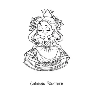 Coloring page of a kawaii princess with flowers holding her dress