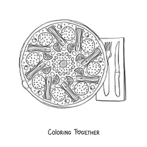 Coloring page of a pizza served next to a pair of utensils