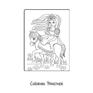 Coloring page of a cartoon princess riding a horse