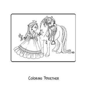 Coloring page of a princess with a rose and a steed