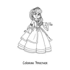 Coloring page of a princess in an old-fashioned dress
