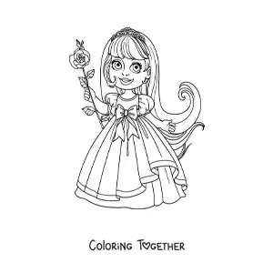 Coloring page of a little princess girl with a rose