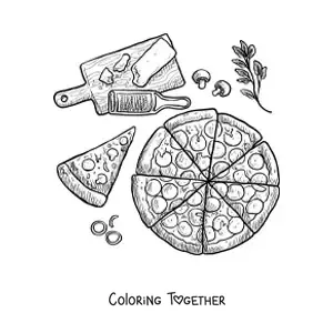 Coloring page of a pizza next to its ingredients