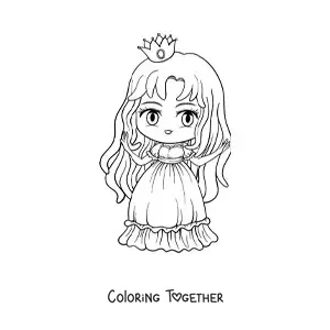 Coloring page of a kawaii chibi anime-style princess