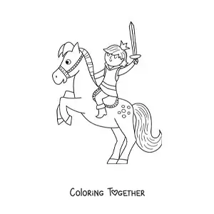 Coloring page of a kawaii prince on horseback with a sword