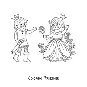 Coloring page of a kawaii prince and princess