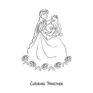 Coloring page of a young prince dancing with a princess