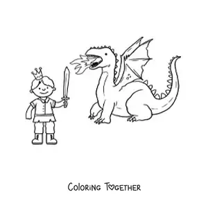 Coloring page of a prince with a sword defeating a dragon