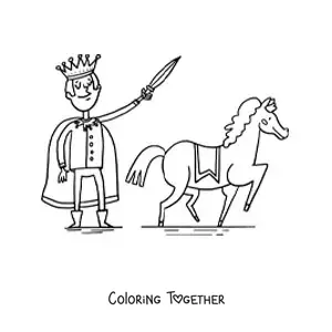 Coloring page of a funny cartoon medieval prince and his steed