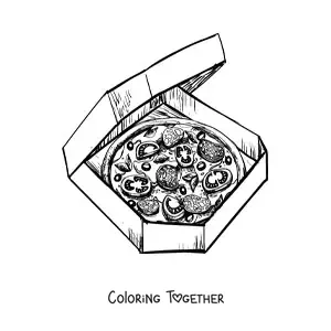 Coloring page of a pizza inside a pizza box
