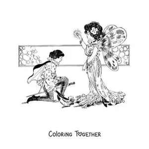 Coloring page of a medieval prince kneeling before a realistic fairy