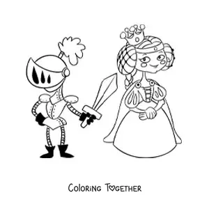 Coloring page of a cartoon of a prince in armor rescuing a princess