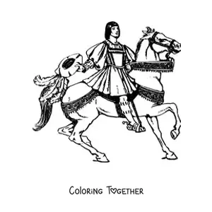 Coloring page of a medieval prince riding a horse