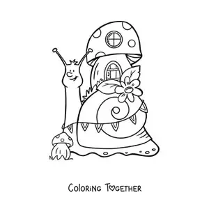 Coloring page of a cartoon snail and an enchanted forest house