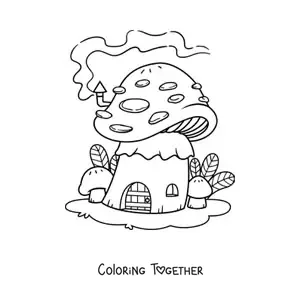 Coloring page of a mushroom-shaped house in the enchanted forest