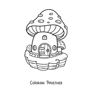 Coloring page of a mushroom-shaped house in the enchanted forest