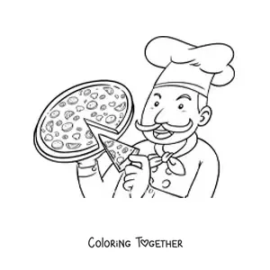 Coloring page of a chef with a pizza pulling out a slice