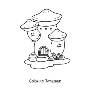 Coloring page of a mushroom-shaped house in the enchanted forest