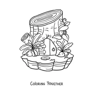 Coloring page of a log-shaped house in the enchanted forest