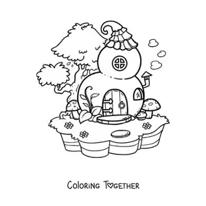 Coloring page of a pumpkin-shaped house in the enchanted forest